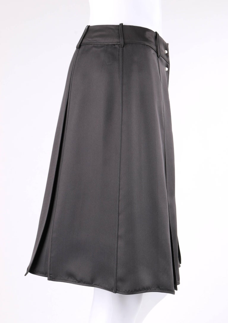 LOUIS VUITTON Charcoal Gray Silk Satin Studded Pleated Wrap Skirt In Good Condition For Sale In Thiensville, WI