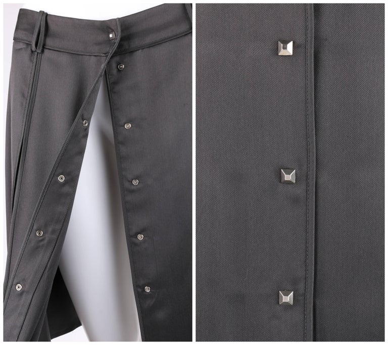 LOUIS VUITTON Charcoal Gray Silk Satin Studded Pleated Wrap Skirt For Sale 2