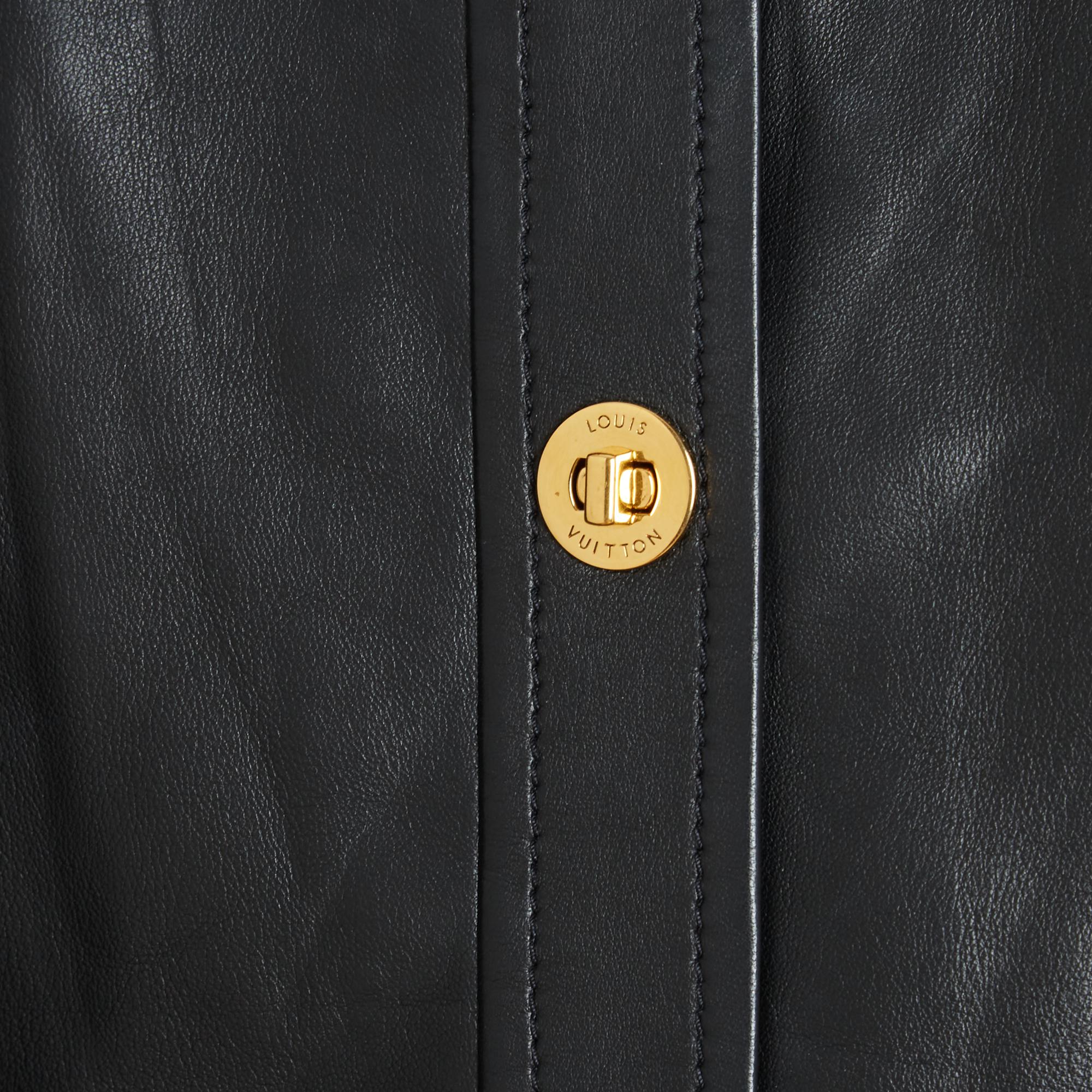 De las mujeres Louis Vuitton Chemise Veste FR38 Negro Cuero LV Turnlock Top Chaqueta UK10 US8