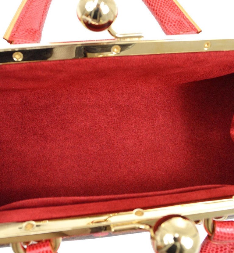 LOUIS VUITTON Cherry Red Monogram Canvas Lizard Exotic Gold Top Handle Bag