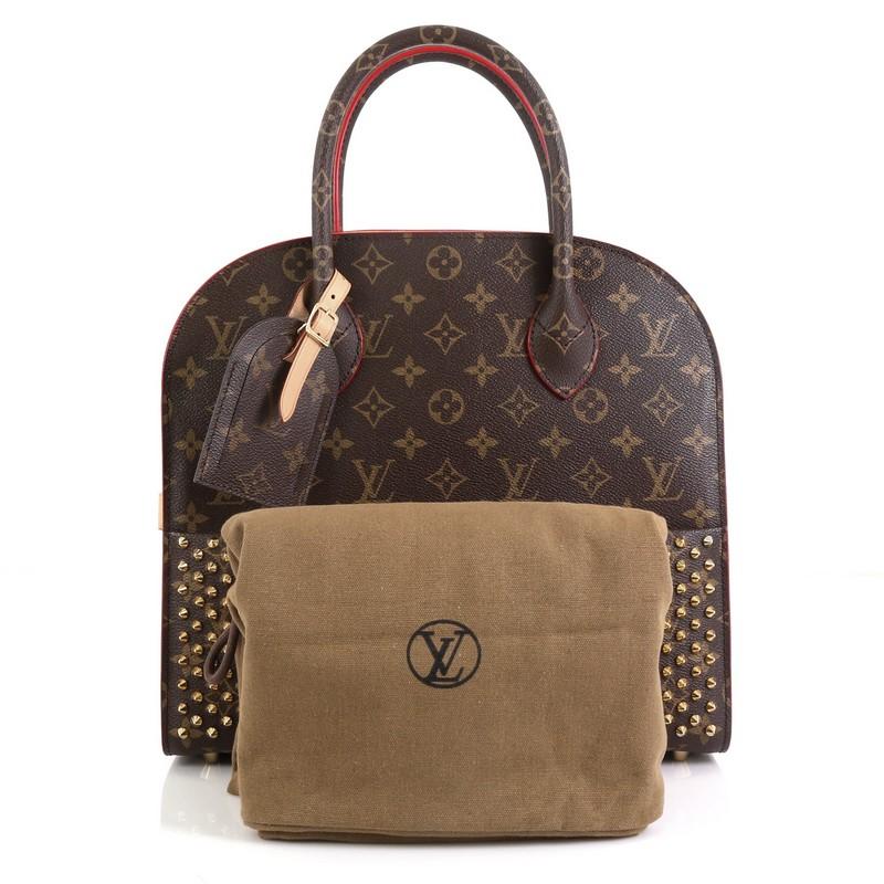 This Louis Vuitton Christian Louboutin Shopping Bag Calf Hair and Monogram Canvas, crafted from brown monogram coated canvas with signature shaded Louboutin red calf hair, features dual-rolled monogram handles, bow accents, exterior flat pocket, and