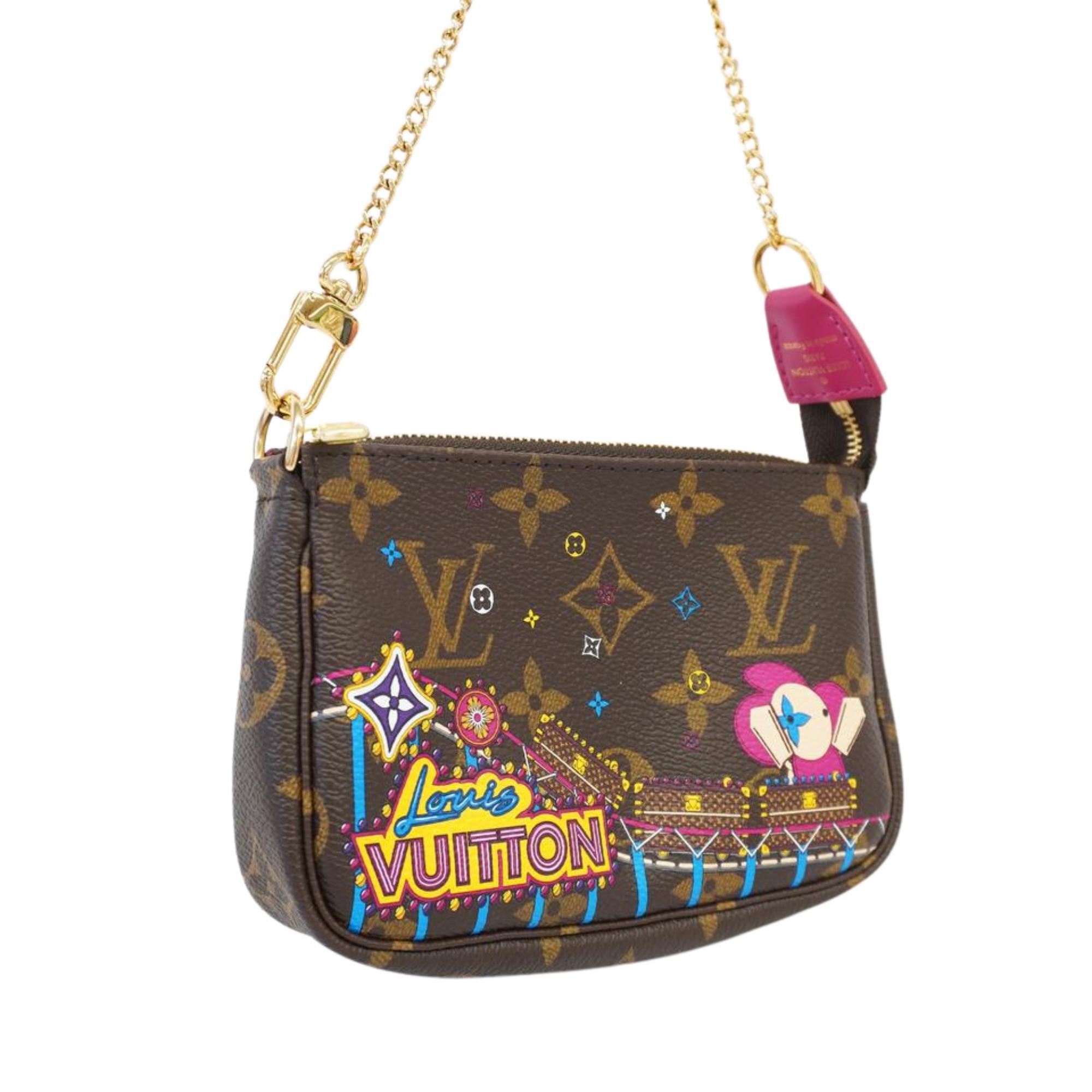 This small accessory pouch is made of monogram coated canvas with a colorful display of Louis bag with Christmas lights. The bag features a gold tone chain strap with a clasp at one end for attaching to your handbag and opens to a brown interior.