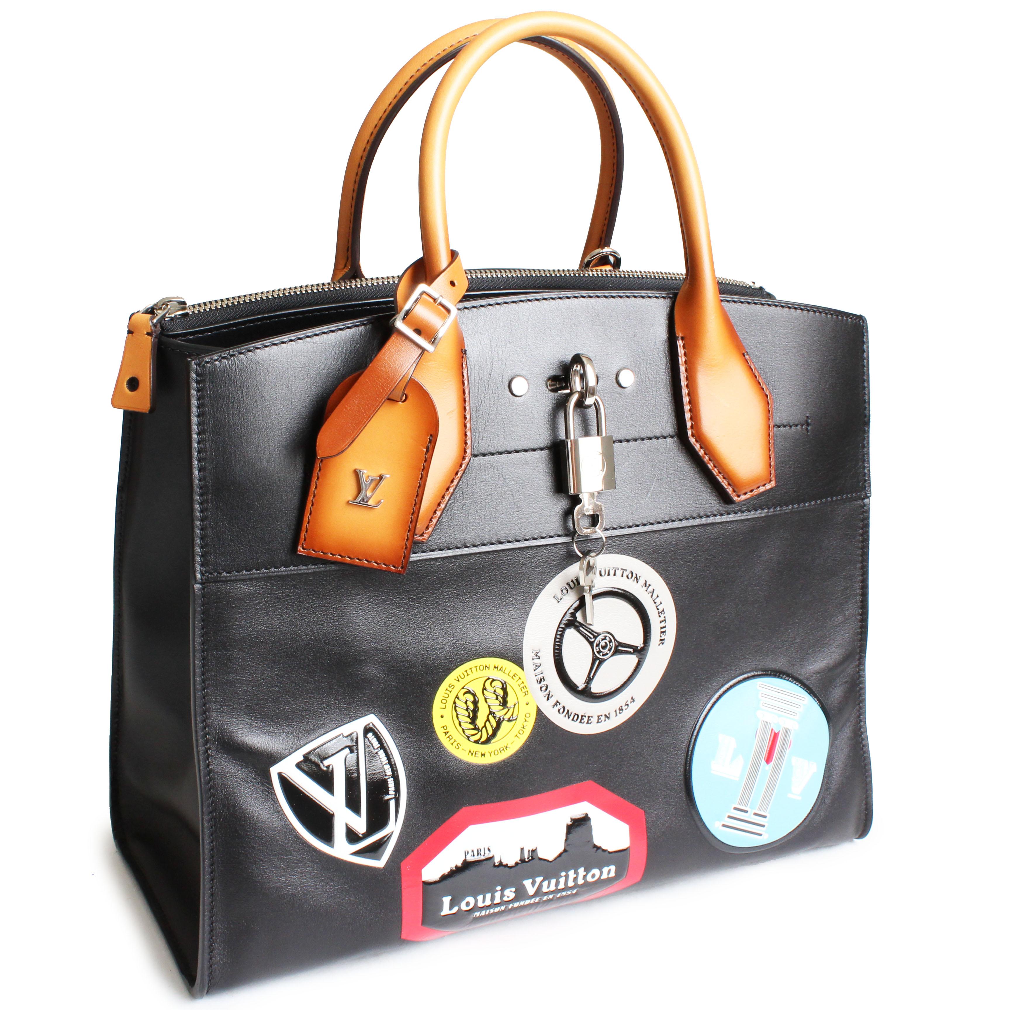 Rare Louis Vuitton City Steamer Bag MM World Tour Stickers Tote bag prototype/sample, from the Fall/Winter 2016 collection.  Note that this bag is slightly different than the production release version: the piping is black (versus the beige piping
