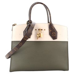 Louis Vuitton City Steamer Handbag Leather with Monogram Canvas MM