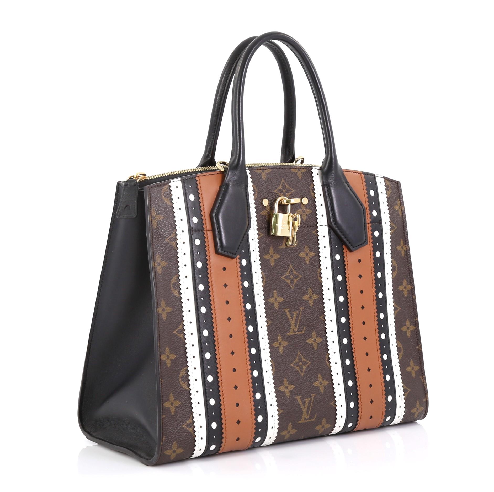 This Louis Vuitton City Steamer Handbag Limited Edition Brogue Monogram Canvas and Leather MM, crafted in brogue monogram coated canvas and leather, features dual-rolled leather handles, front central lock with LV stamped logo, and gold-tone