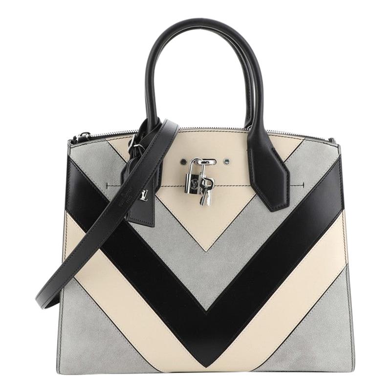 Louis Vuitton City Steamer Handbag Suede And Leather Chevron MM