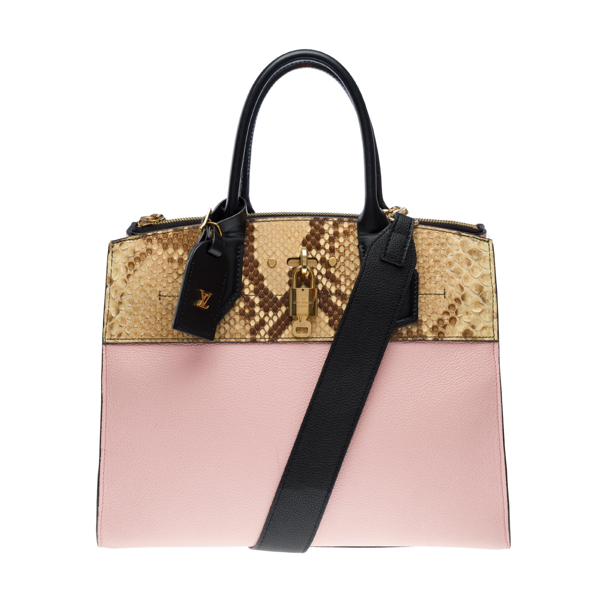 Orange Louis Vuitton City Steamer MM handbag strap in pink leather and Python, GHW For Sale