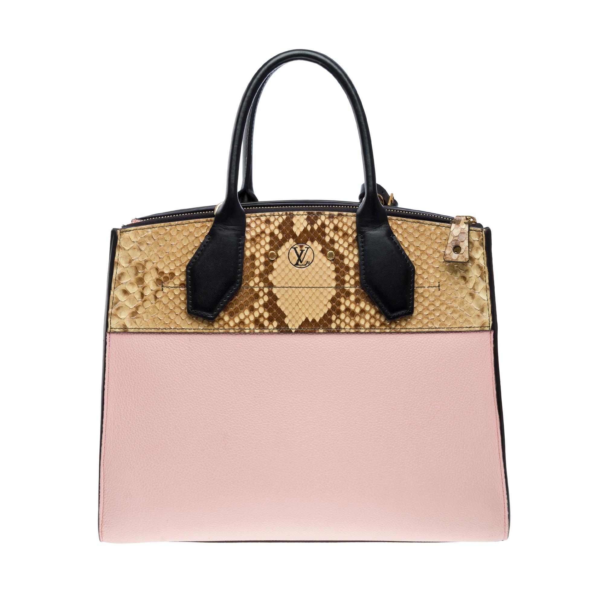 Louis Vuitton City Steamer MM handbag strap in pink leather and Python, GHW In Excellent Condition For Sale In Paris, IDF