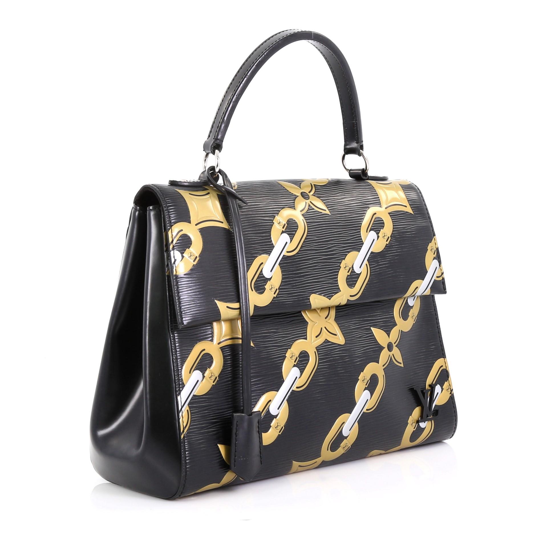 This Louis Vuitton Cluny Top Handle Bag Chain Flower Print Epi Leather MM, crafted from gold chain flower print Epi leather, features short flat top handle, side snap buttons, LV logo at front, protective base studs, and silver-tone hardware. Its