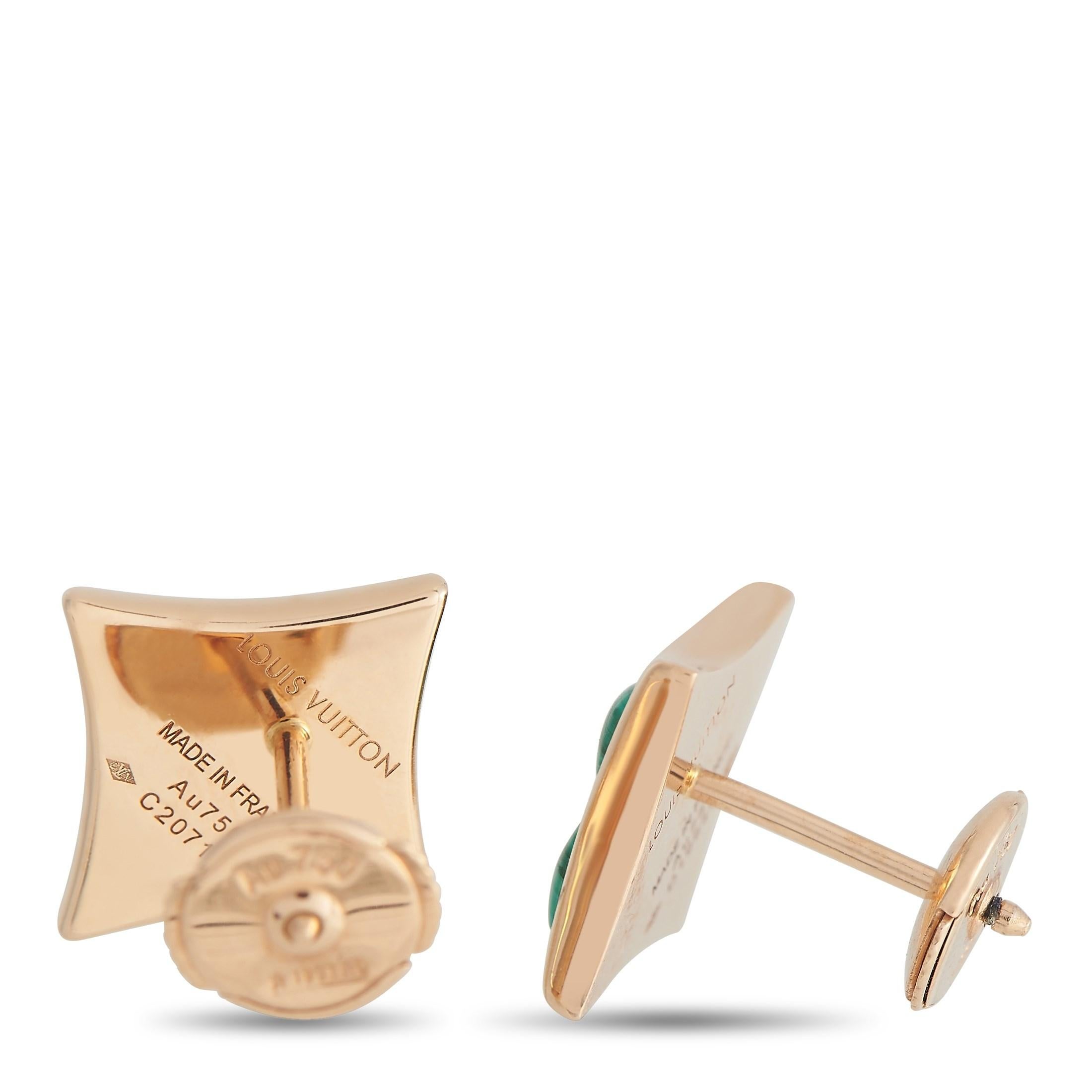 Add a touch of luxury to any ensemble with these Louis Vuitton Color Blossom earrings. The stunning 18K Rose Gold setting measures 0.55” round and beautifully showcases breathtaking green Malachite, which takes the form of the brand’s iconic