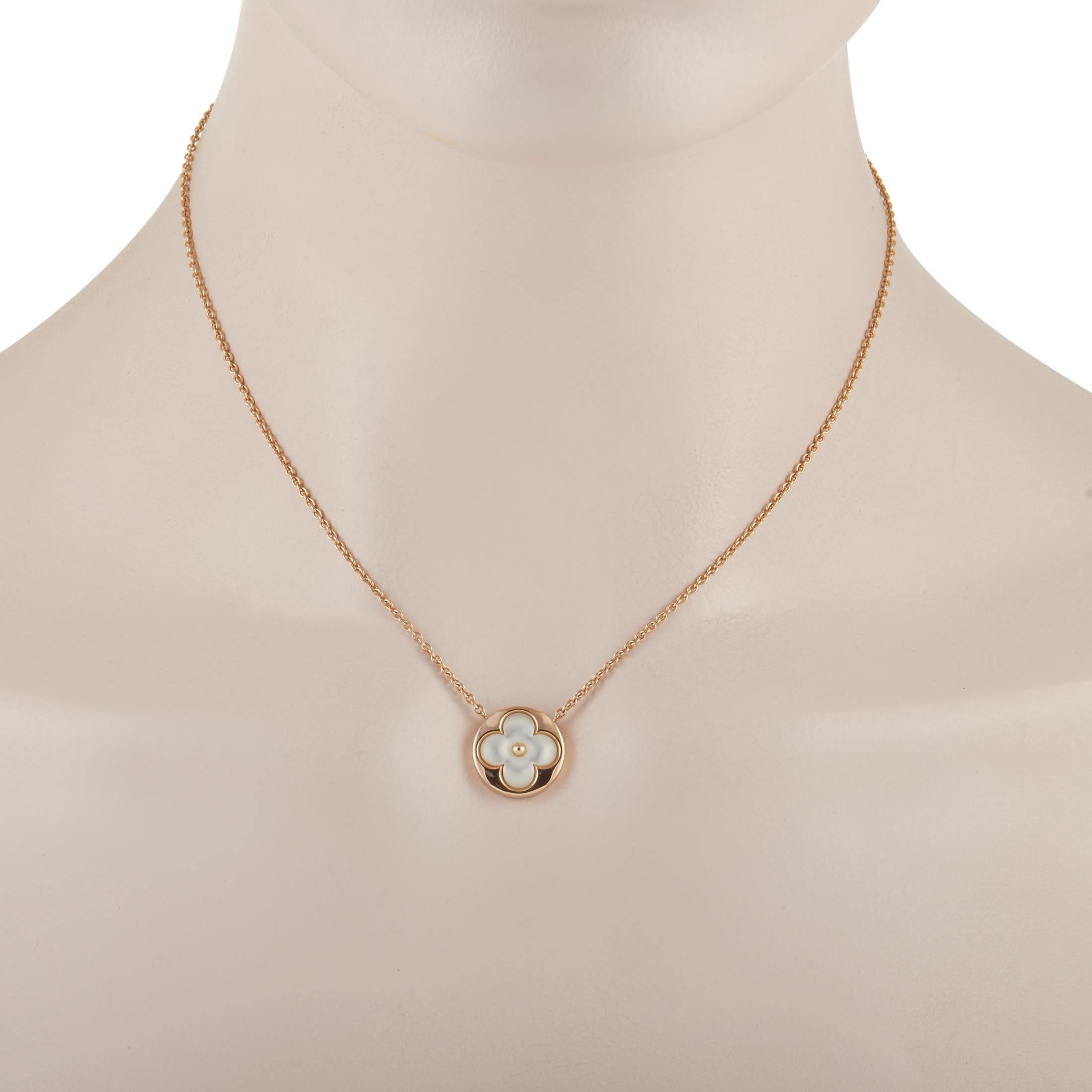 This charming Louis Vuitton Color Blossom Sun Pendant celebrates the luxury brand’s iconic monogram flowers. Crafted from 18K Rose Gold and suspended from a delicate 15” chain, the 0.5” round pendant features a breathtaking mother of pearl flower at