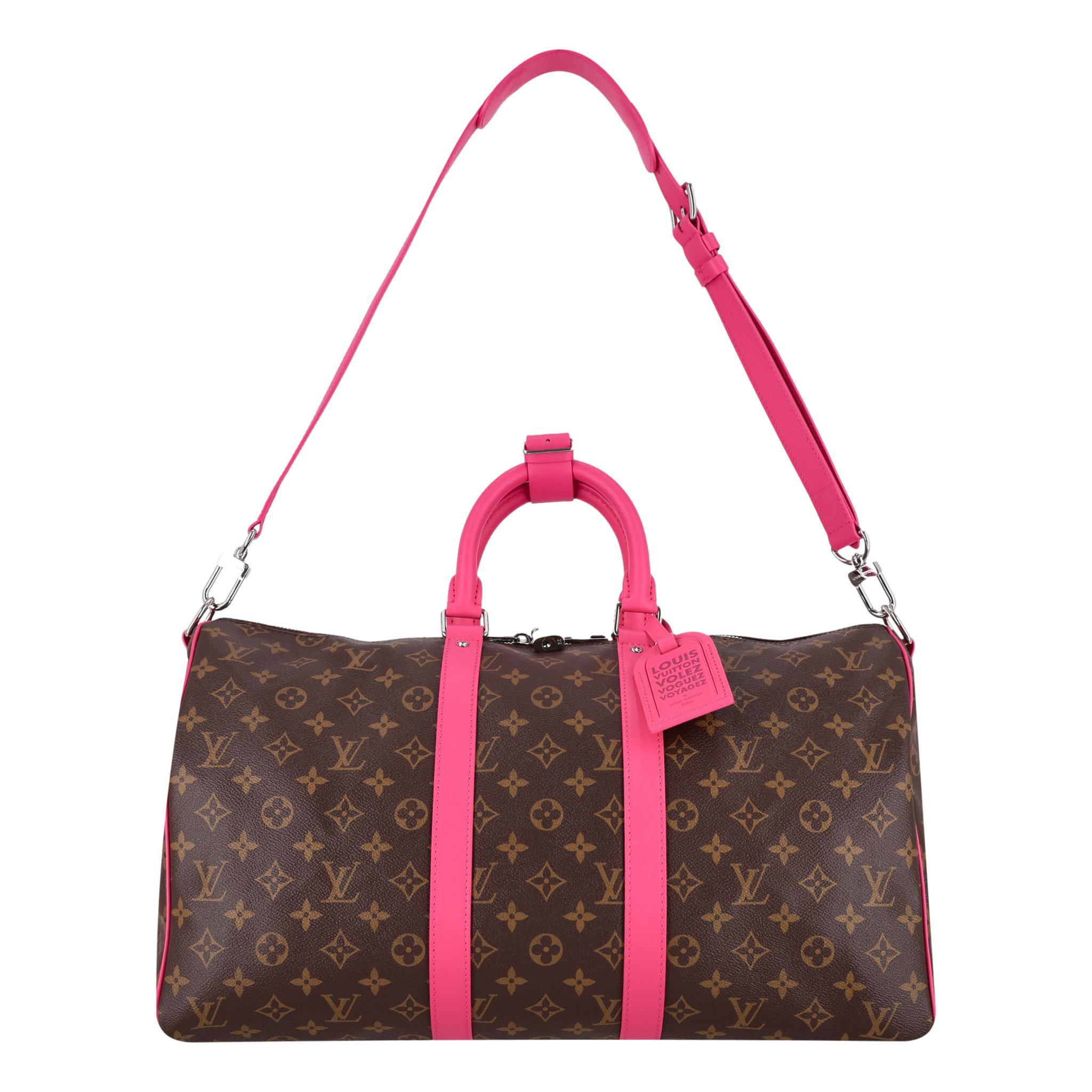 Louis Vuitton Colormania Monogram Macassar Keepall Bandoulière 50 Bag

From the LV Colormania Collection is this brown travel bag made of Monogram coated canvas with bright pink leather side bands, top handles, and detachable shoulder