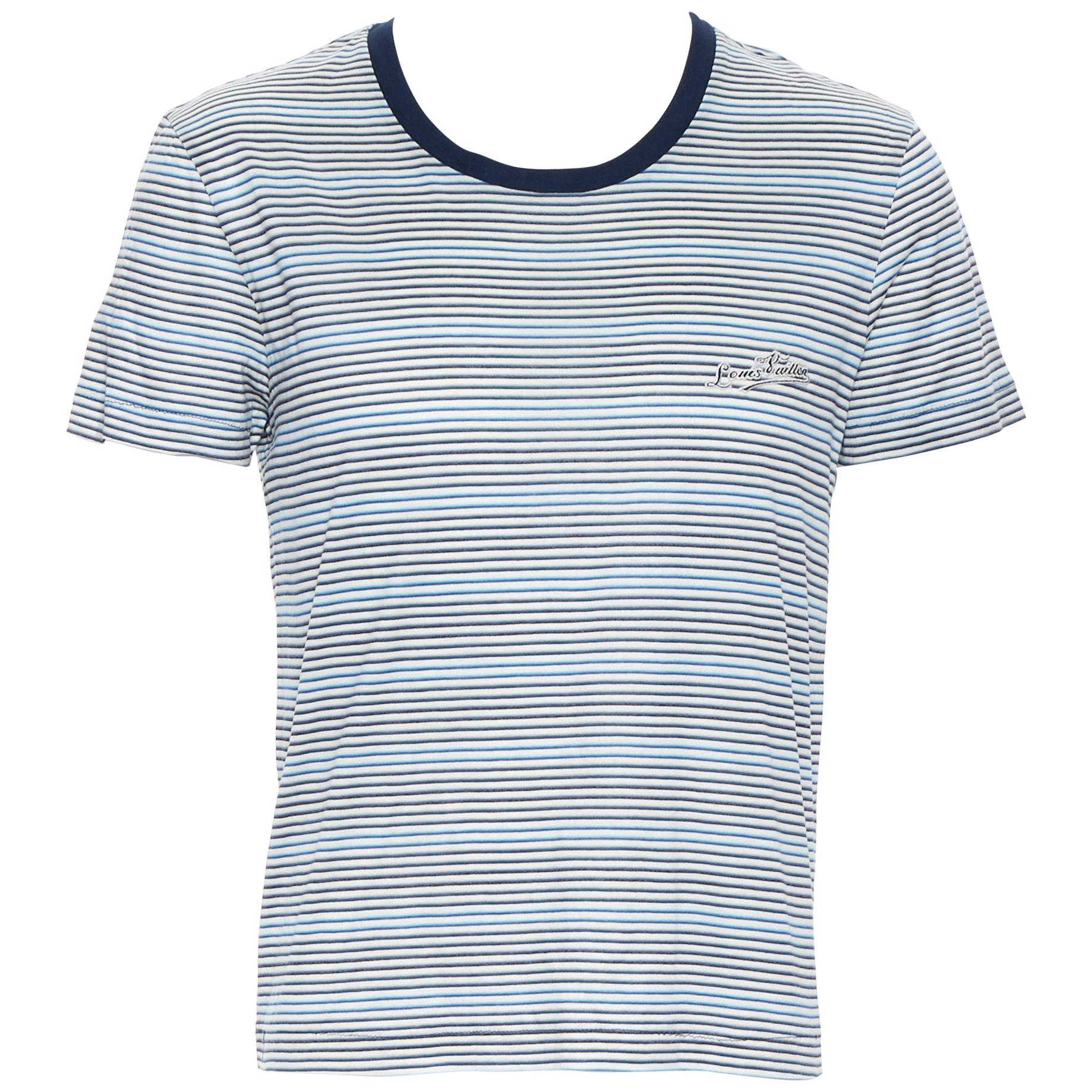 LOUIS VUITTON cotton navy blue stripe embroidered crew short sleeve t-shirt M