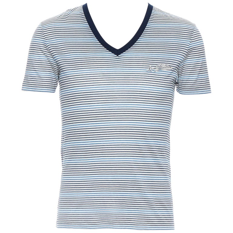 LOUIS VUITTON cotton navy blue stripe embroidered V-neck short sleeve  t-shirt XS