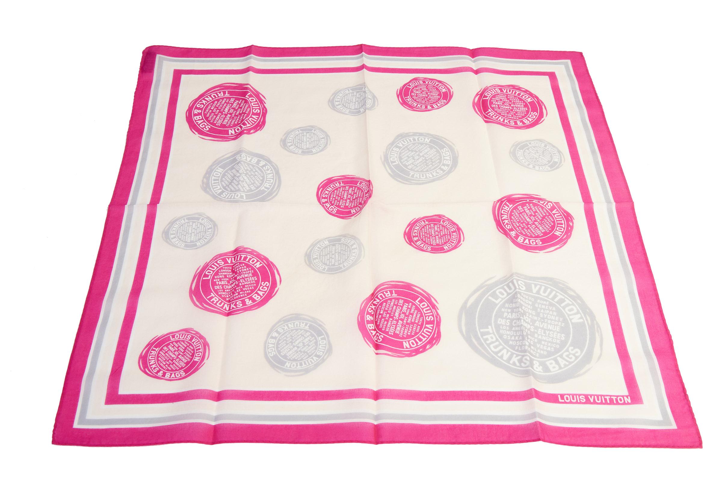Louis Vuitton cotton square scarf with round seals design. Fuchsia and pink combination. Care tag and original box.

