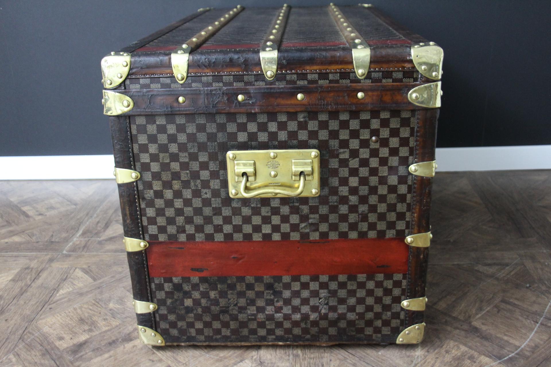 Brass Louis Vuitton Courrier Trunk in Damier Canvas 100 cm, Vuitton Steamer Trunk For Sale