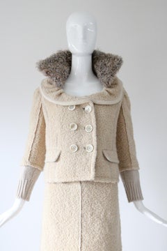 Louis Vuitton Cream Bouclé Wool Skirt Suit Fur Collar 2000s UK 12 US 8