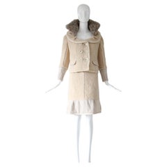 Louis Vuitton Cream Bouclé Wool Skirt Suit Fur Collar 2000s UK 12 US 8