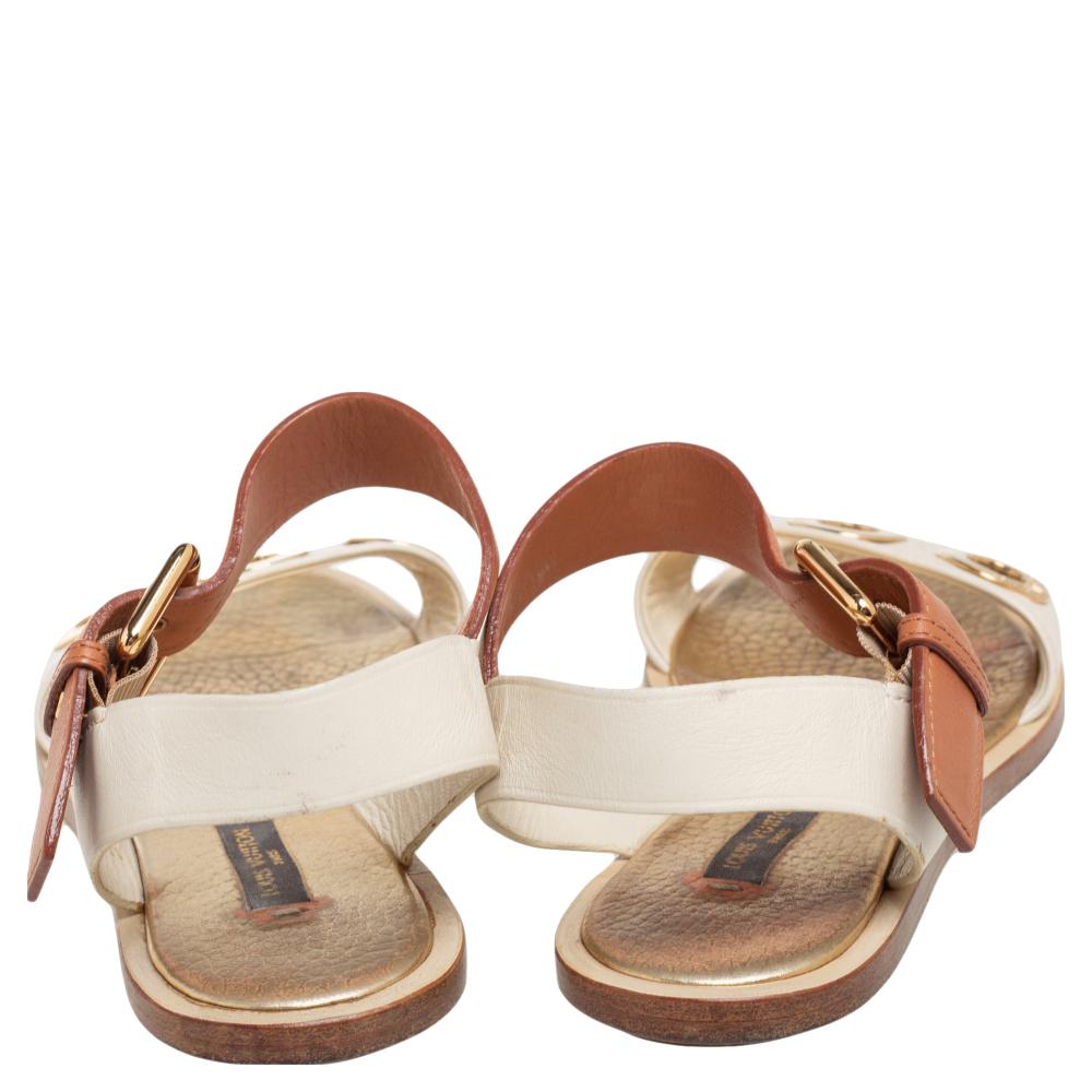 Beige Louis Vuitton Cream/Brown Leather Slingback Flat Sandals Size 36