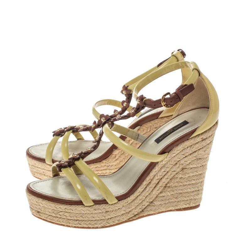 LOUIS VUITTON brown Monogram and Raffia BOUNDY Wedge Sandals Shoes