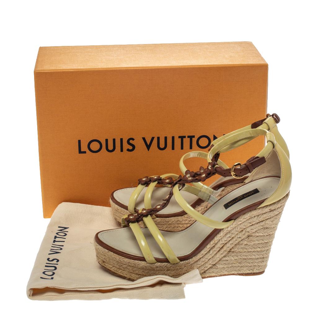 Louis Vuitton Cream/Brown Monogram Flower Espadrille Wedge Sandals Size 37.5 2