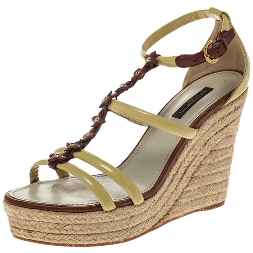 Louis Vuitton Brown/Gold Monogram and Leather Strappy Wedge Sandals Size  35.5 at 1stDibs