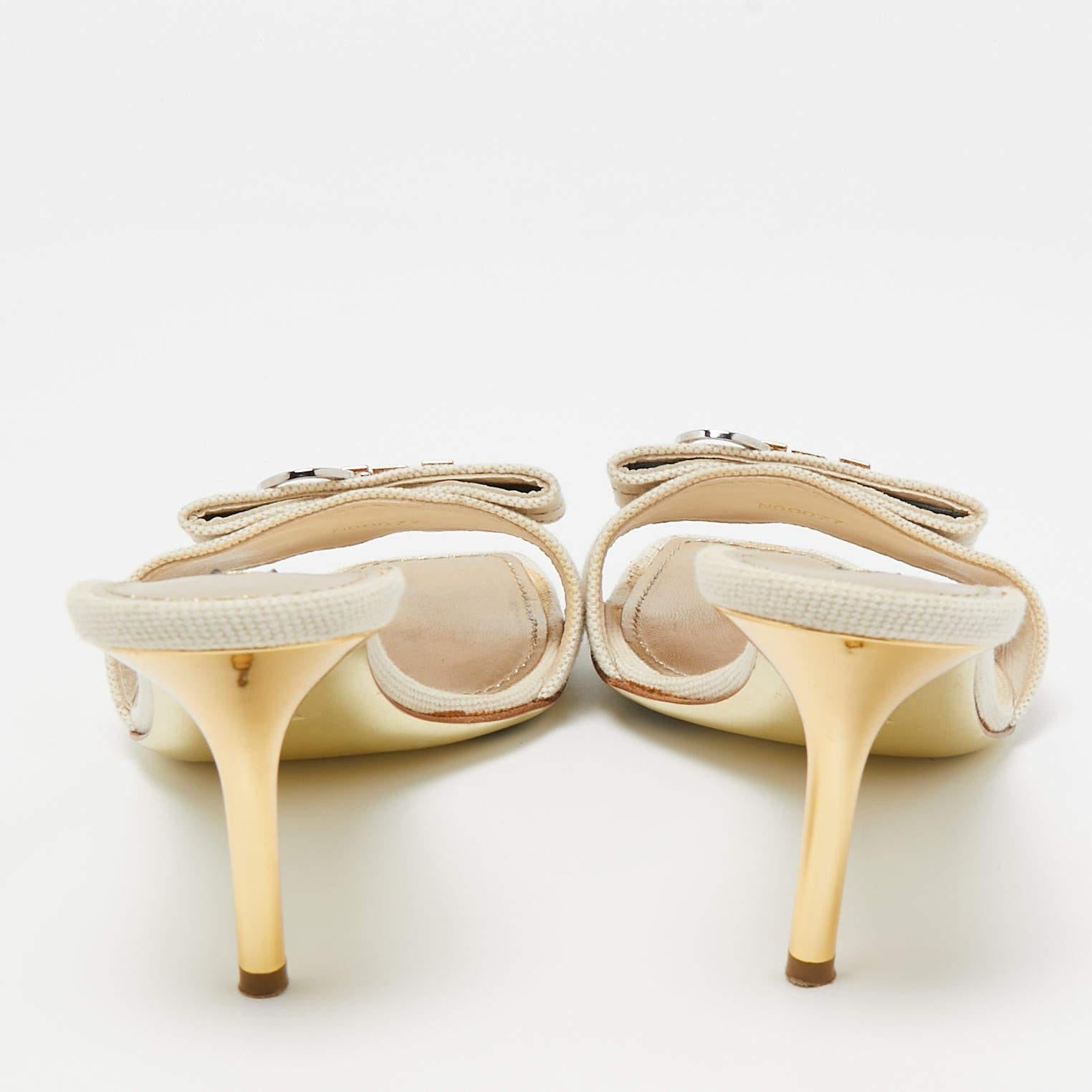 Women's Louis Vuitton Cream Canvas Love Bow Slide Sandals Size 37.5