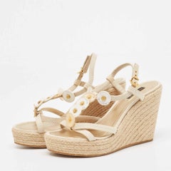 Louis Vuitton Cream Canvas Wedge Espadrilles Sandals Size 37