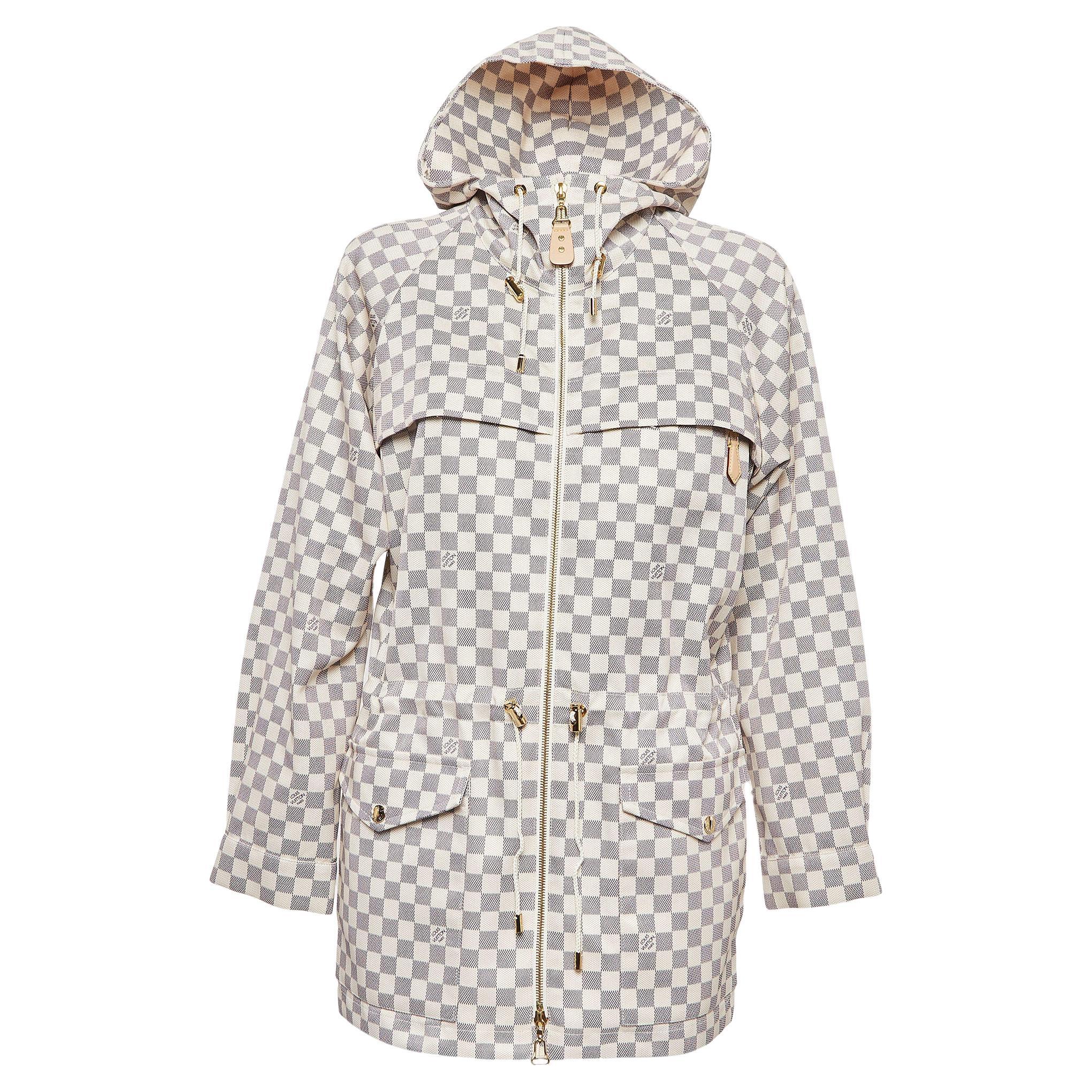 Louis Vuitton Cremefarbene Damier Azur Parka-Jacke aus Nylon mit Kapuze und Kapuze S im Angebot