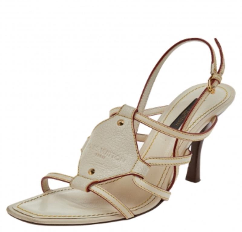 Louis Vuitton - Sandales à lanières à la cheville en cuir crème, taille 36,5 Bon état à Dubai, Al Qouz 2