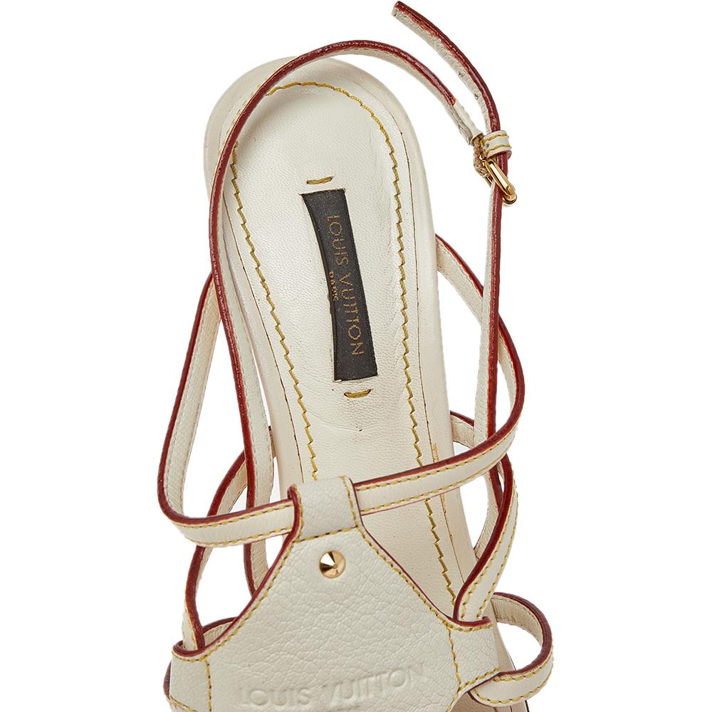 Beige Louis Vuitton Cream Leather Ankle Strap Sandals Size 36.5 For Sale