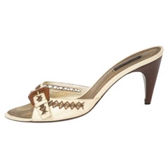 Louis Vuitton Cream Leather Buckle and Whip Stitch Detail Slide Sandals Size 41