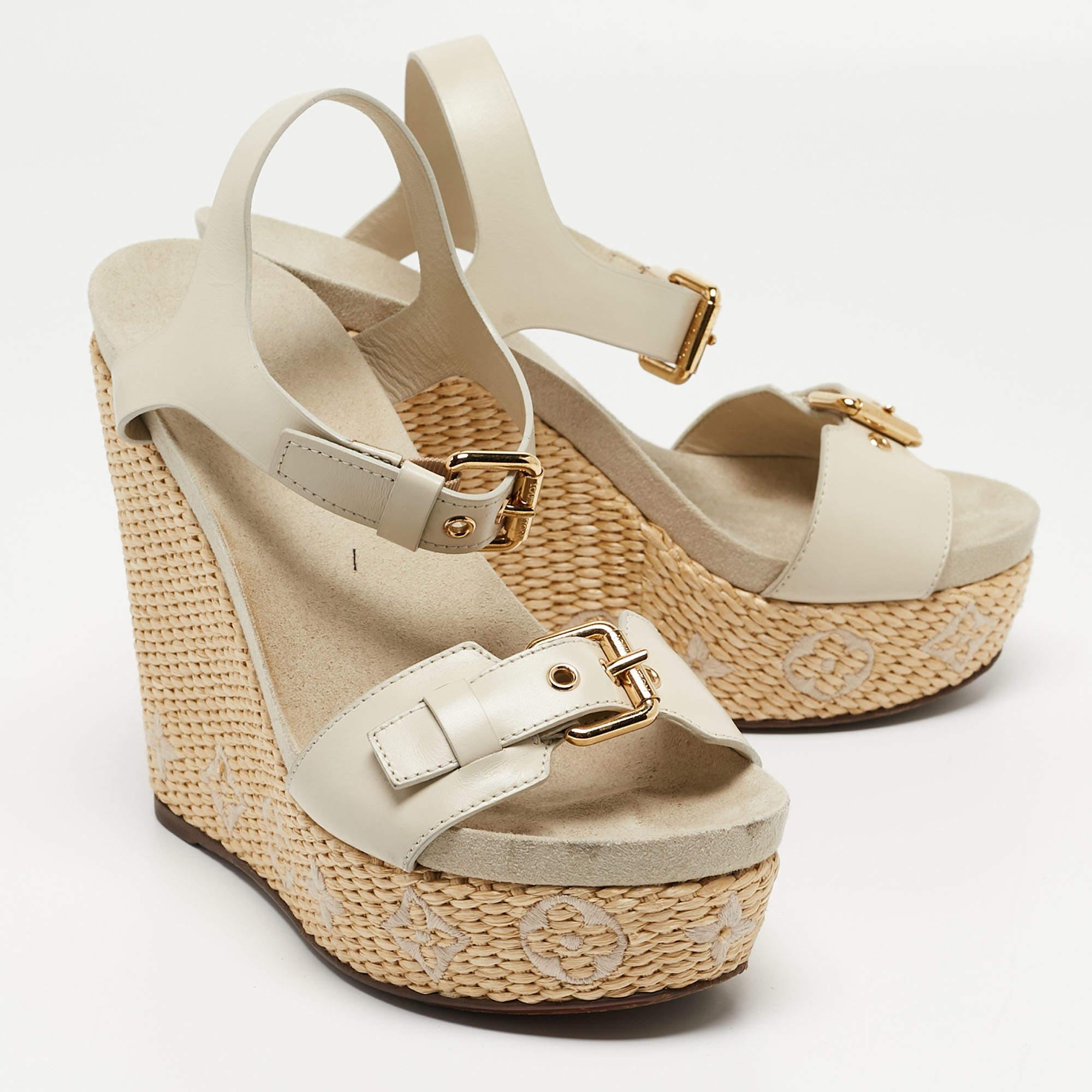 Louis Vuitton Cream Leather Buckle Detail Wedge Ankle Strap Sandals Size 39 1