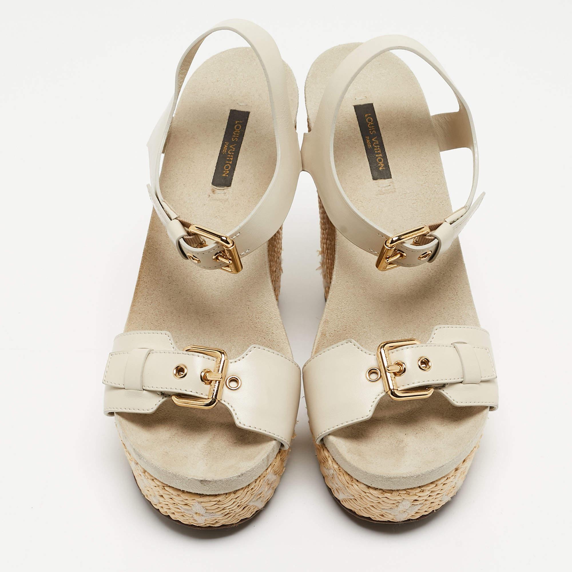 Louis Vuitton Cream Leather Buckle Detail Wedge Ankle Strap Sandals Size 39 2