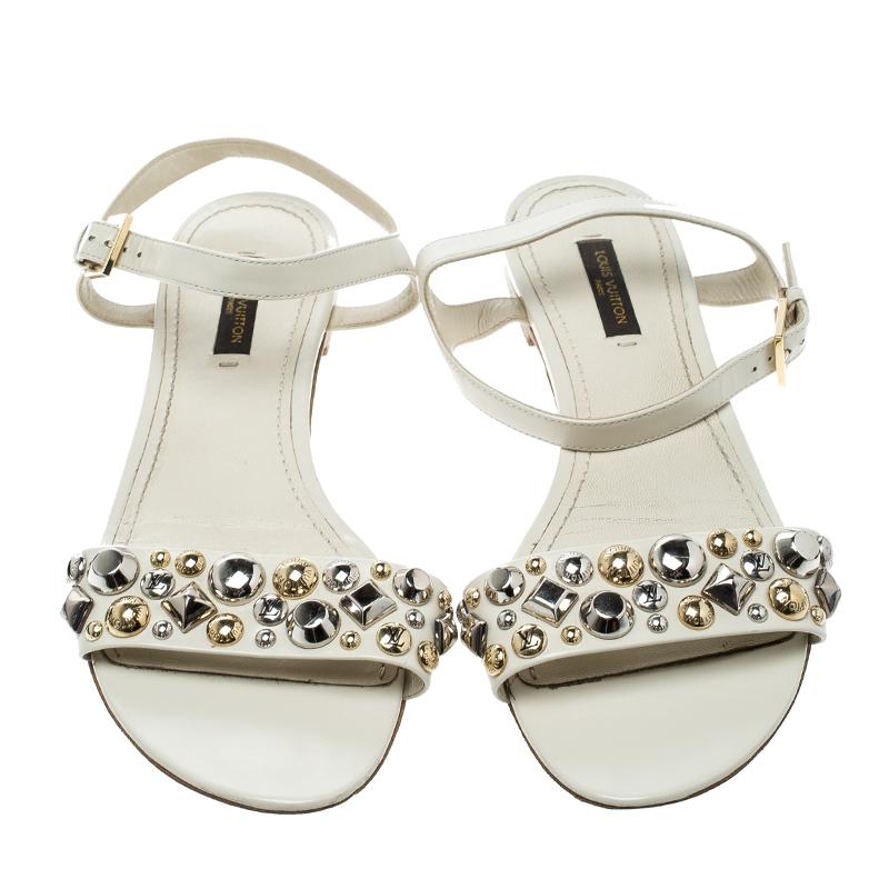 Beige Louis Vuitton Cream Leather Studded Flat Ankle Strap Sandals Size 38.5