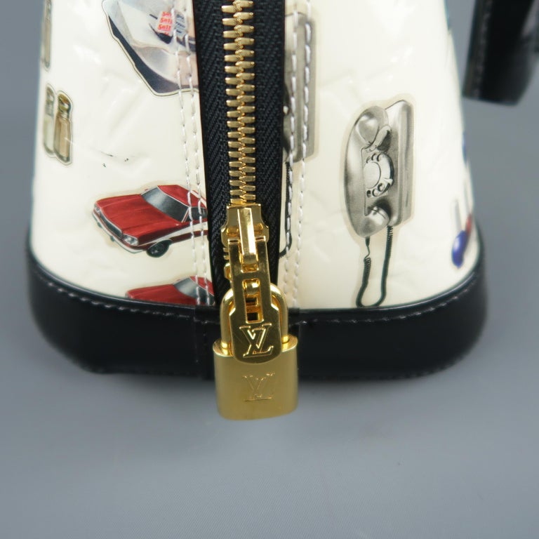 LOUIS VUITTON Cream Monogram Embossed Vernis Stickers Alma BB Handbag For Sale at 1stdibs