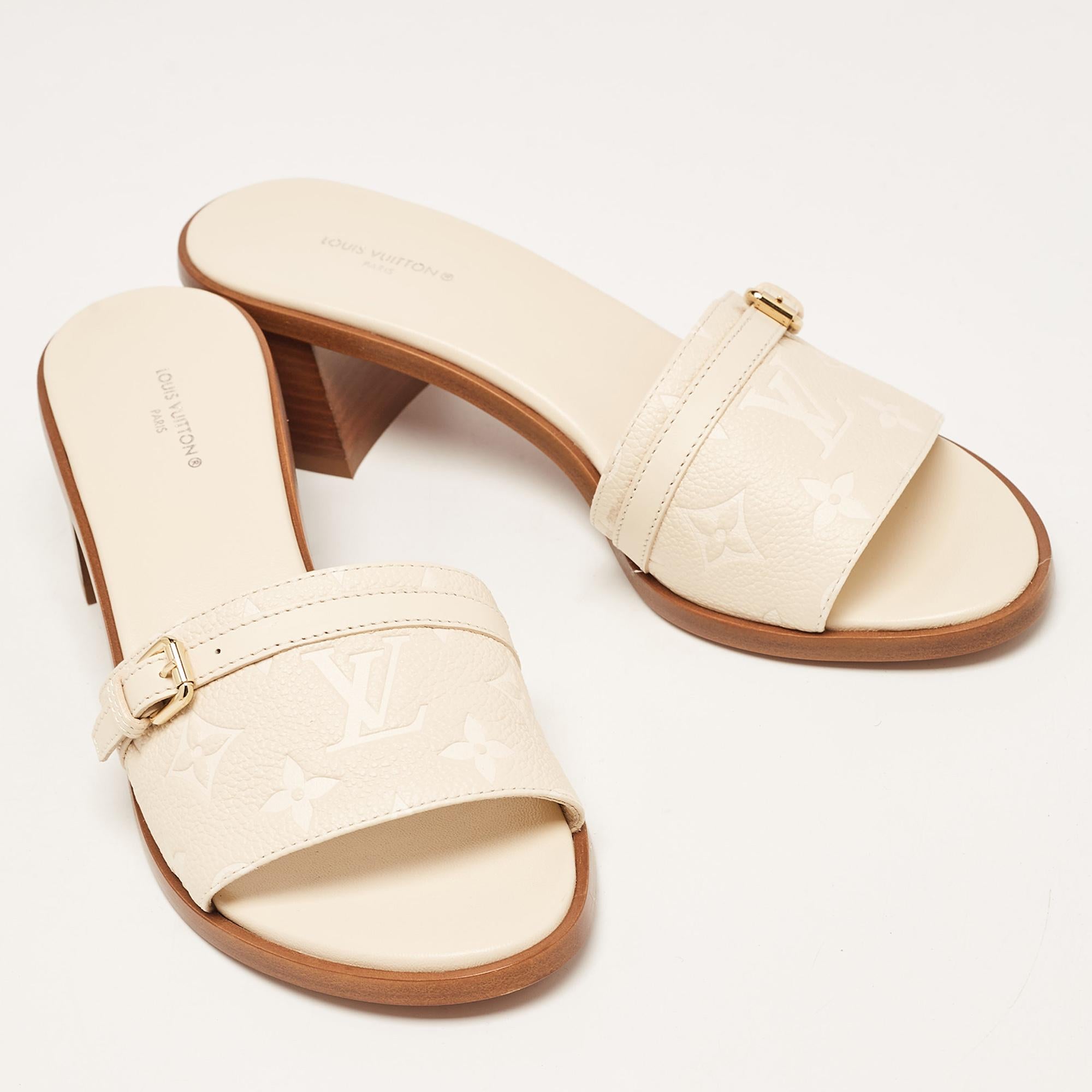 Women's Louis Vuitton Cream Monogram Leather Slide Sandals Size 38