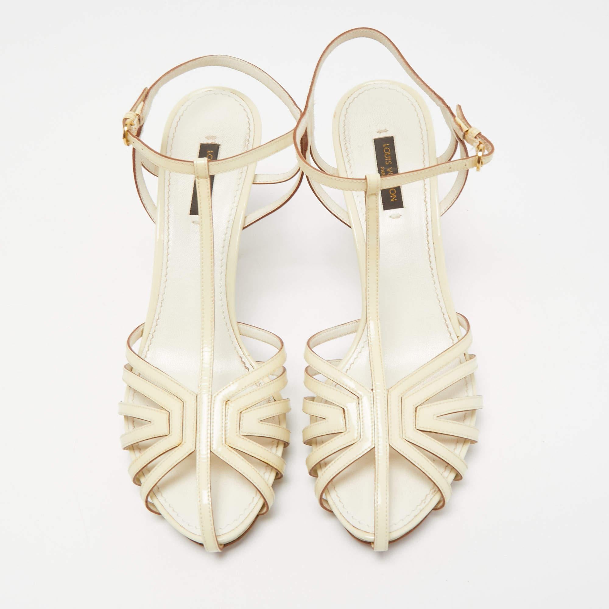 Beige Louis Vuitton Cream Patent Leather Ankle Strap Sandals Size 39
