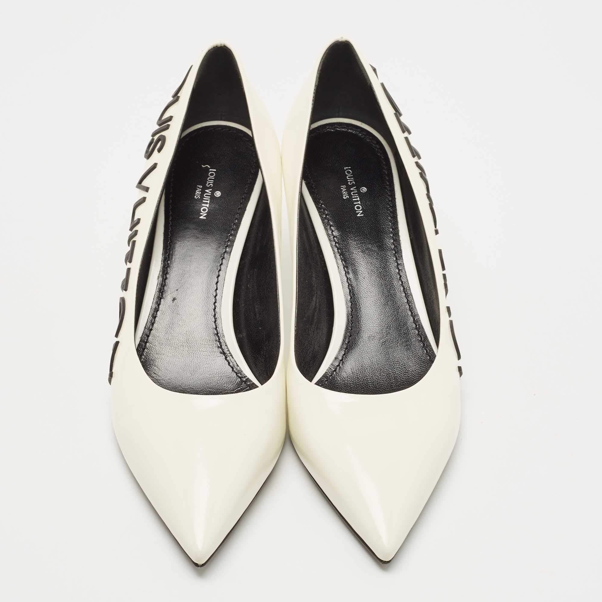 Exhibiting a chic silhouette enhanced with excellence, this pair of pumps from the House of Louis Vuitton exude signatory style! They are designed using cream patent leather on the exterior. These shoes have slim heels, pointed-toes, and a slip-on
