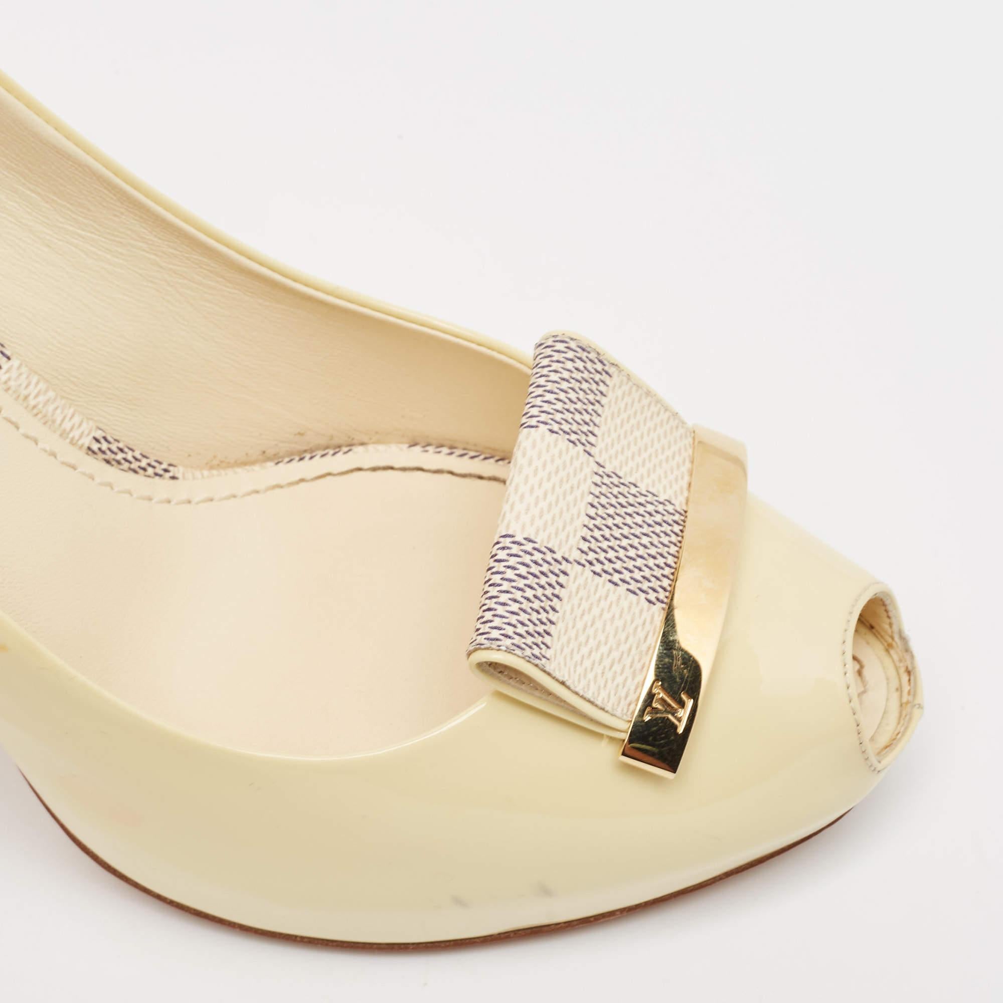 Louis Vuitton Cream Patent Leather Damier Azur Damia Pumps Size 38 2