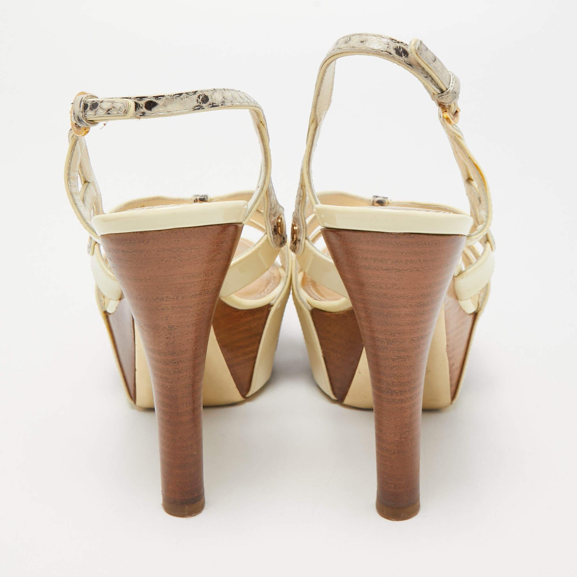 Louis Vuitton Cream Patent Python Embossed Leather Slingback Sandals Size 38 For Sale 3
