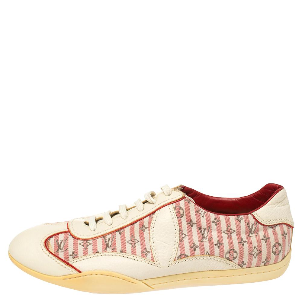 Beige Louis Vuitton Cream /Red Monogram Canvas And Leather Sneakers Size 39 For Sale
