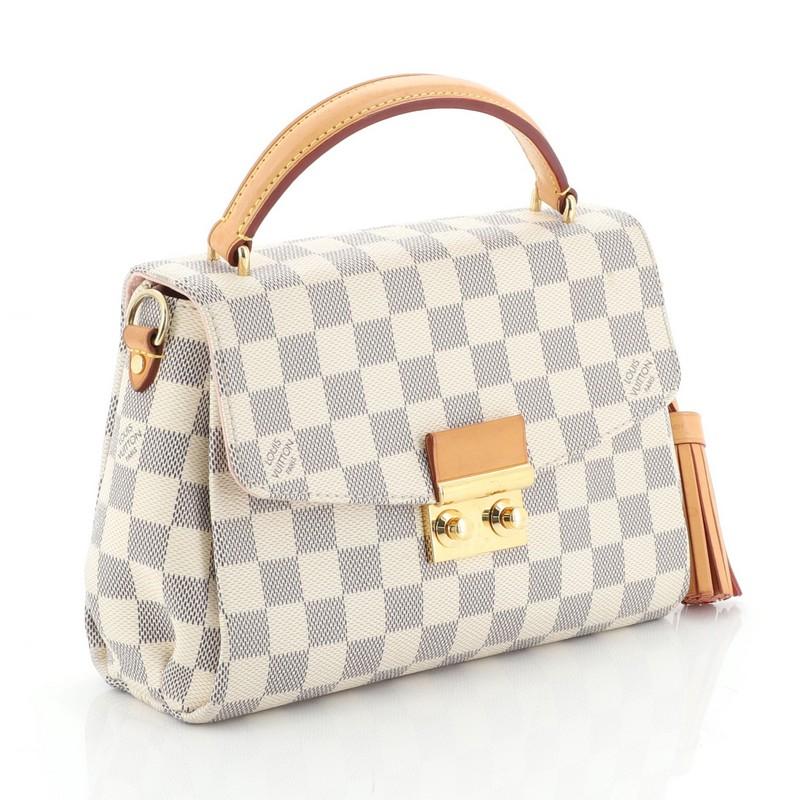 This Louis Vuitton Croisette Handbag Damier, crafted in damier azur coated canvas, features a leather top handle and gold-tone hardware. Its flap opens to a pink fabric interior with slip pocket. Authenticity code reads: TR2146. 

Condition: Very