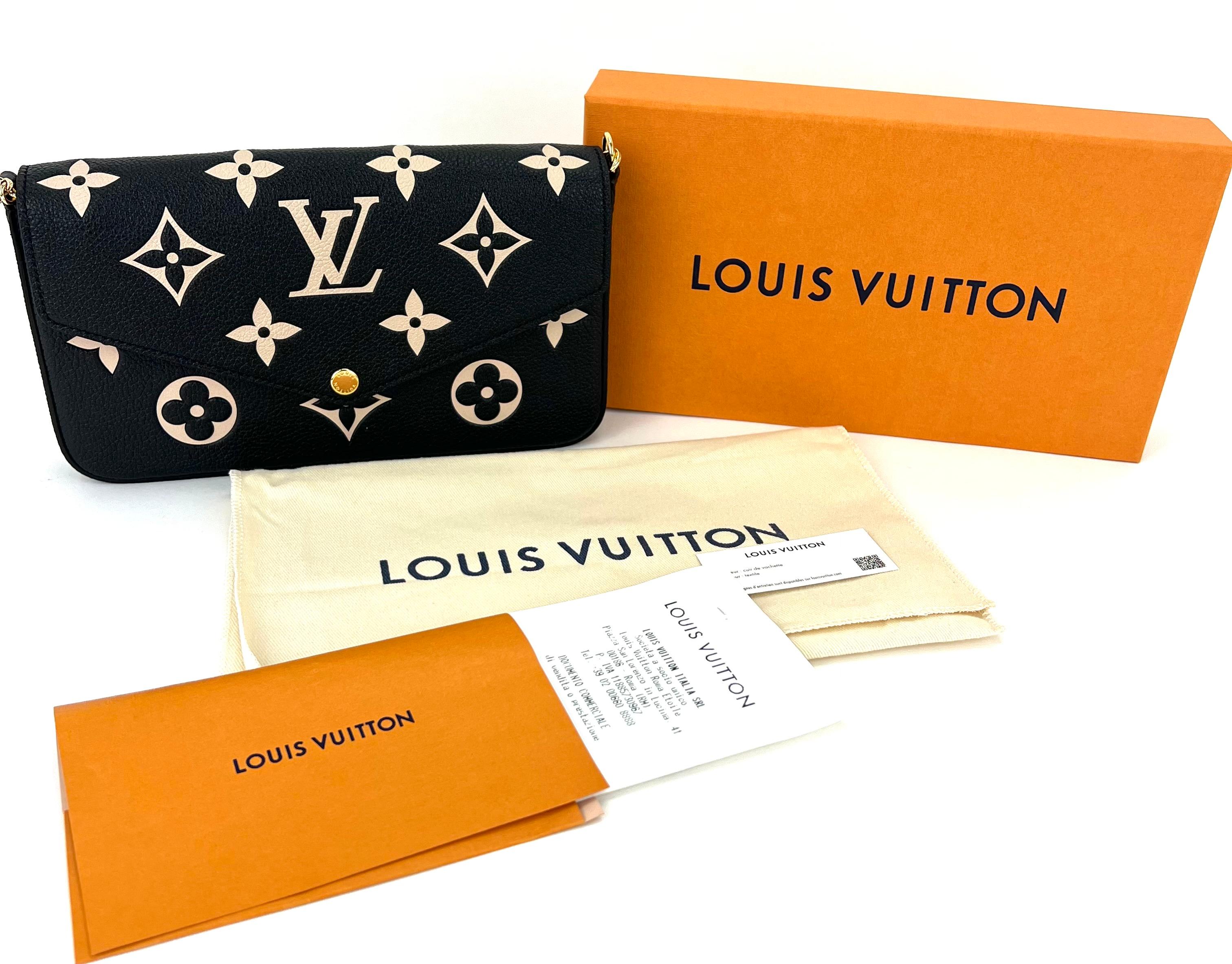Louis Vuitton Felicie Pochette Giant
Monogram Black Beige Empreinte Leather 
NEW 100% AUTHENTIC
CONDITION: New
COLOR:  bicolor, black, beige
DATE CODE: As of 3/1/21 No date codes
NFC Tag Detected
MATERIAL: monogram Empreinte embossed
supple grained