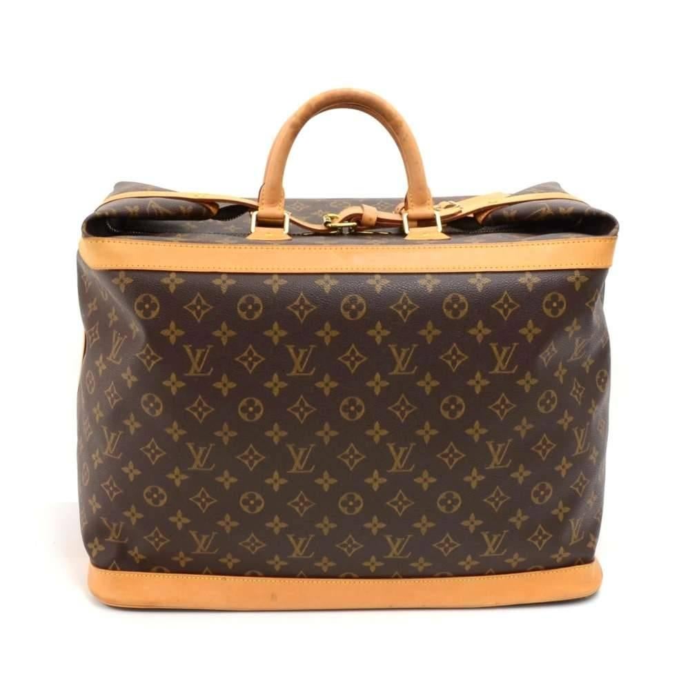 Louis Vuitton Cruiser bag 45. Easy access with double zipper secured with a leather buckle. Inside has 1 open pocket. 5 studs on the bottom of the bag for protection. Perfect size to keep you organized wherever you go. Comes with name tag.  SKU: