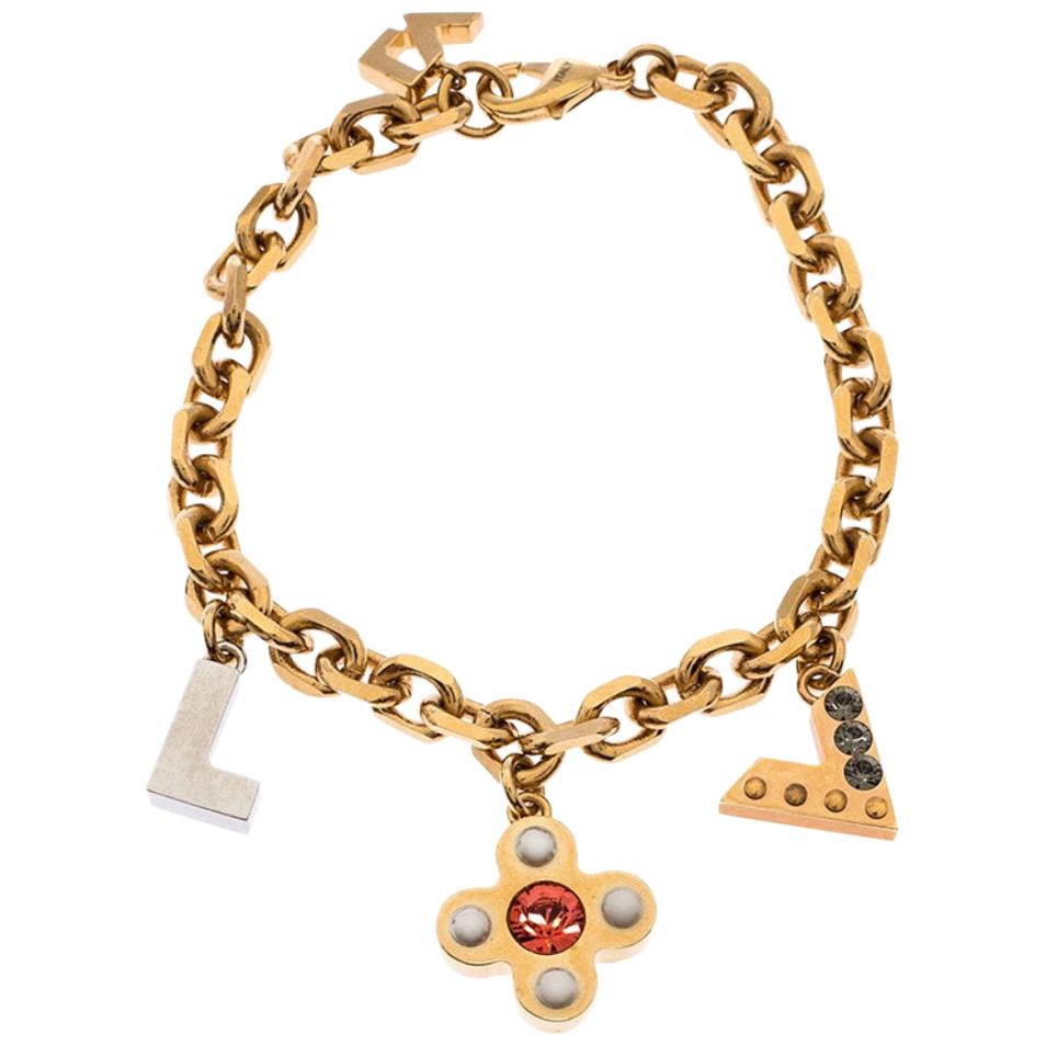 Louis Vuitton Crystal Love Letter Timeless Gold Tone Charm Bracelet