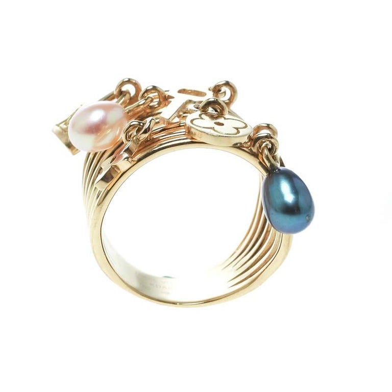 Louis Vuitton 18k Yellow Gold and Pearl Monogram Charm Ring Size