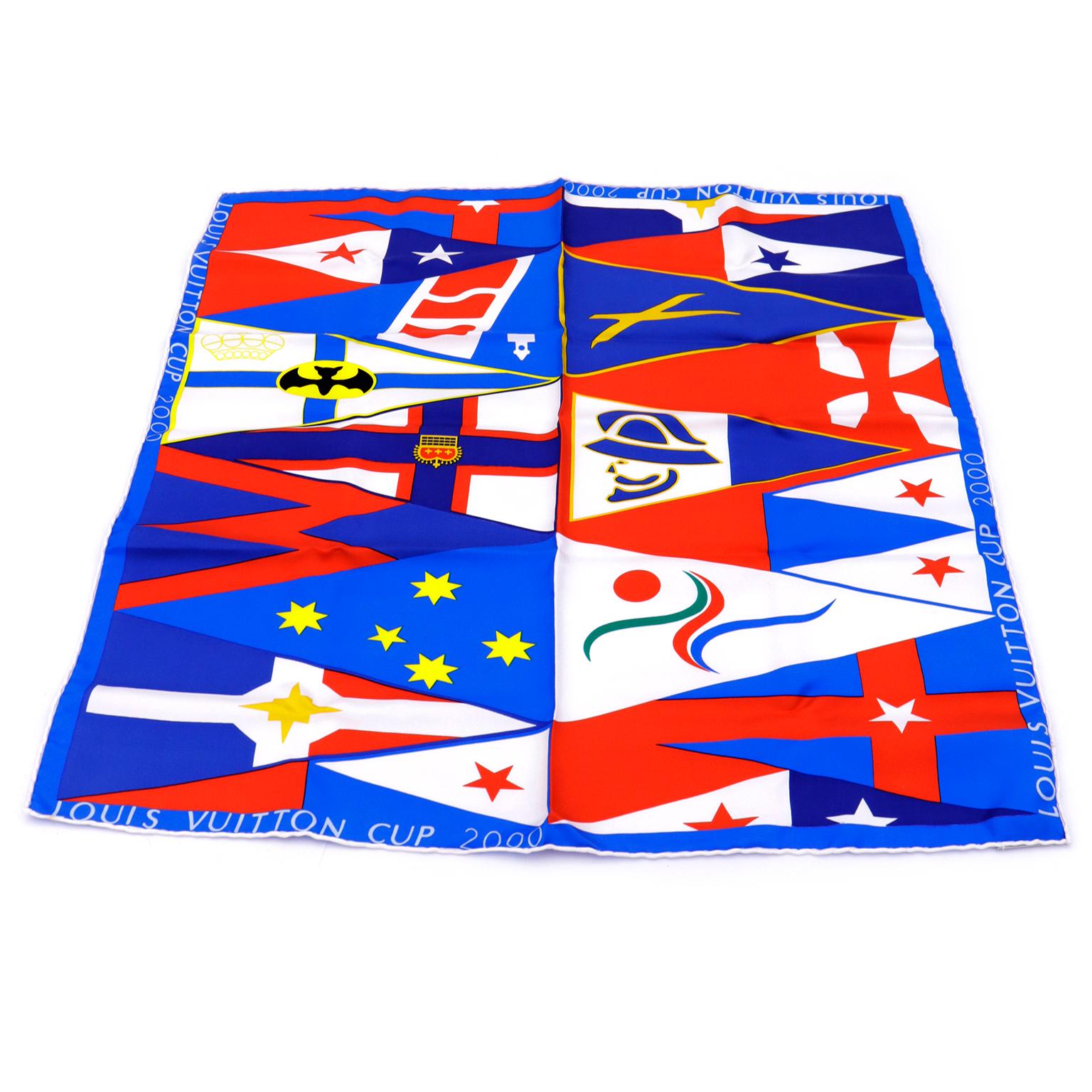 Louis Vuitton Cup 2000 Red & Blue Silk Scarf Unused in Original Box In Excellent Condition For Sale In Portland, OR