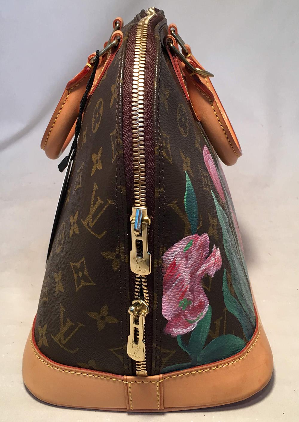 Louis Vuitton Customized Hand Painted Tulip Monogram Alma Bag in excellent condition. Signature Louis Vuitton monogram canvas exterior with tan leather bottom & handles trimmed with golden brass hardware. The monogram canvas has been customized by