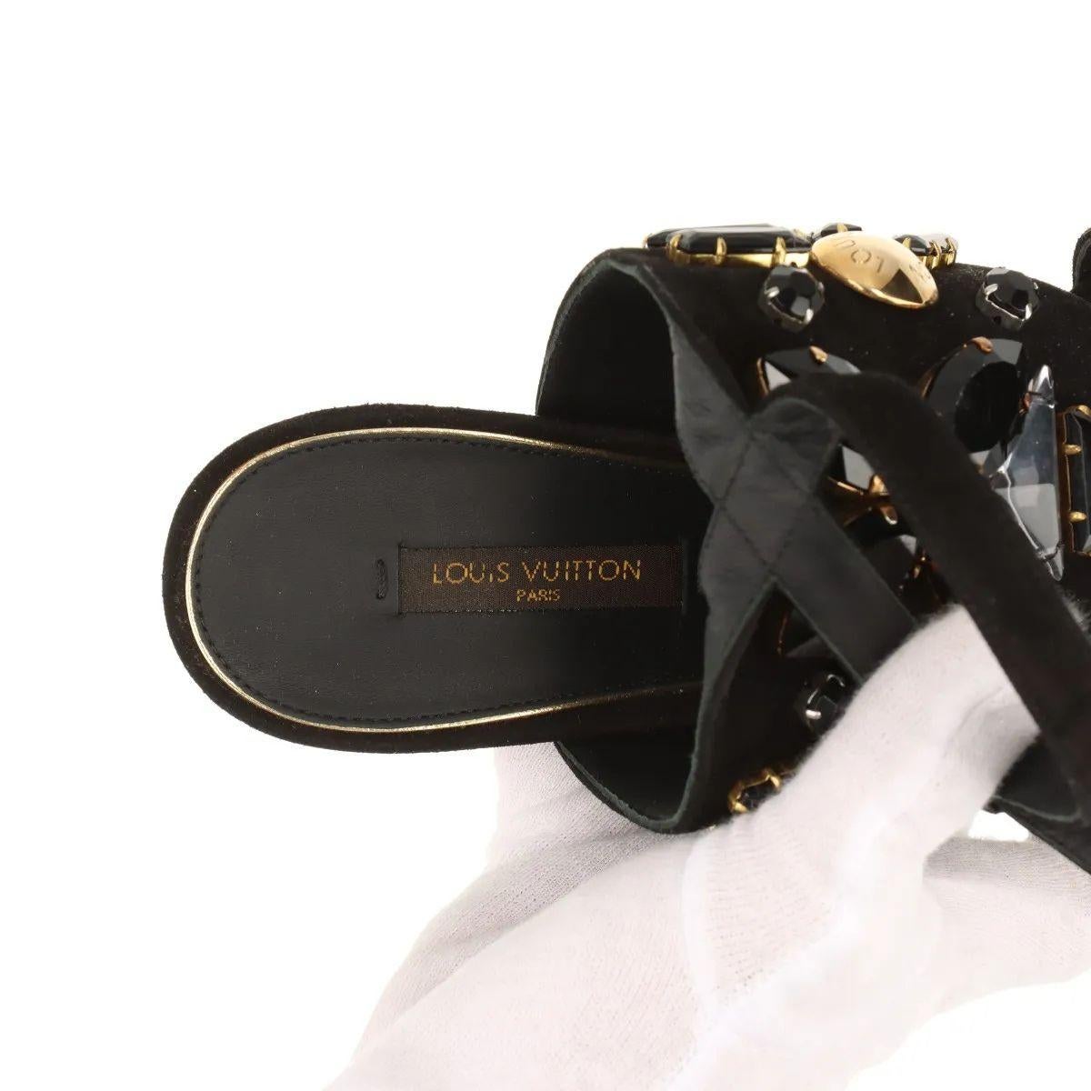 Louis Vuitton Cut Out Crsytal Suede Sandal Black For Sale 6